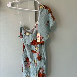 entro Pastel Blue Floral Romper with Pink Ribbon Strap